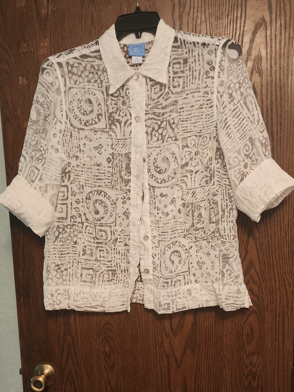 Lightweight White Patterned Button-Front Blouse - Women's